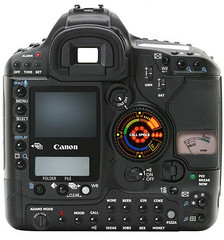 A modified image of a Canon 1D series camera with extra buttons and sci-fi looking instruments.