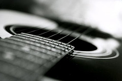 Photograph of a guitar, with strings, in black and white and with depth of field.