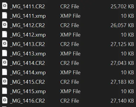 XMP file size compared to CR2 files