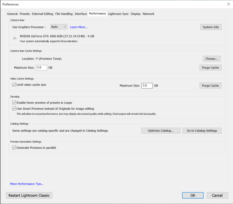 Adobe Photoshop Lightroom Classic Preferences > Performance