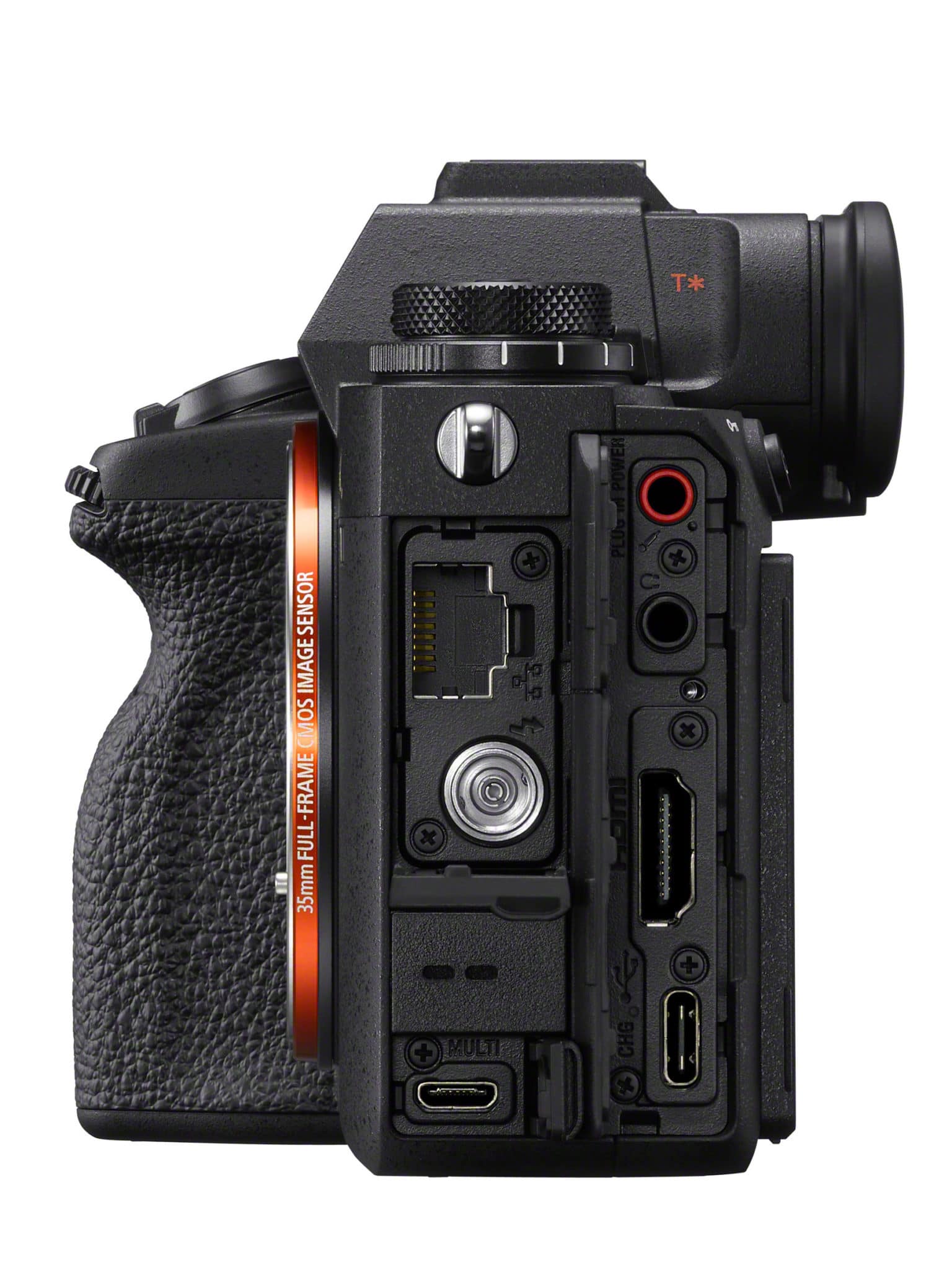 Layout of the ports of the Sony A1 Camera. Note the T* viewfinder.