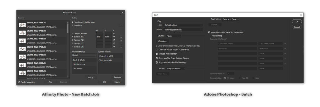 Affinity Photo Batch Job feature compared to Adobe Photoshop Batch feature.