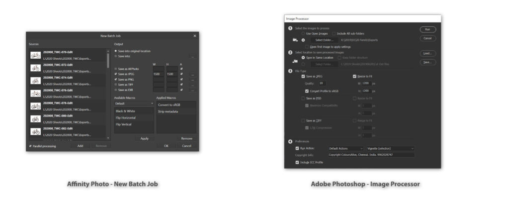 Affinity Photo Batch Job feature compared to Adobe Photoshop Image Processor feature.