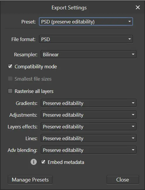 Affinity Photo Export Settings after clicking the 'More...' button.