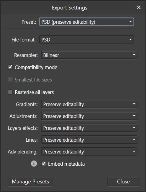 How Well Does Affinity Handle Adobe PSD files? 4 Affinity Photo Export Settings after clicking the 'More...' button.