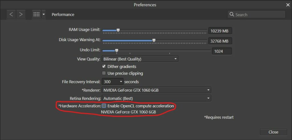 Disable Hardware Acceleration (OpenCL Compute Acceleration) in Affinity Photo