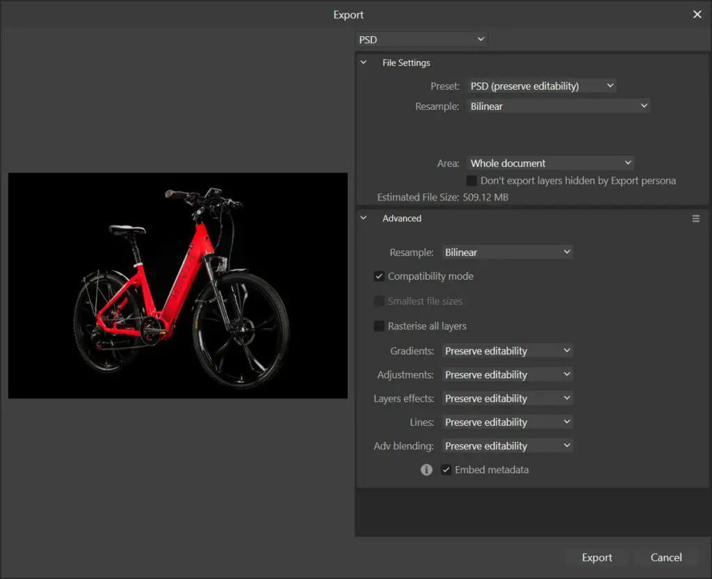 Affinity Photo 2.0 Export Dialog showing PSD file export settings