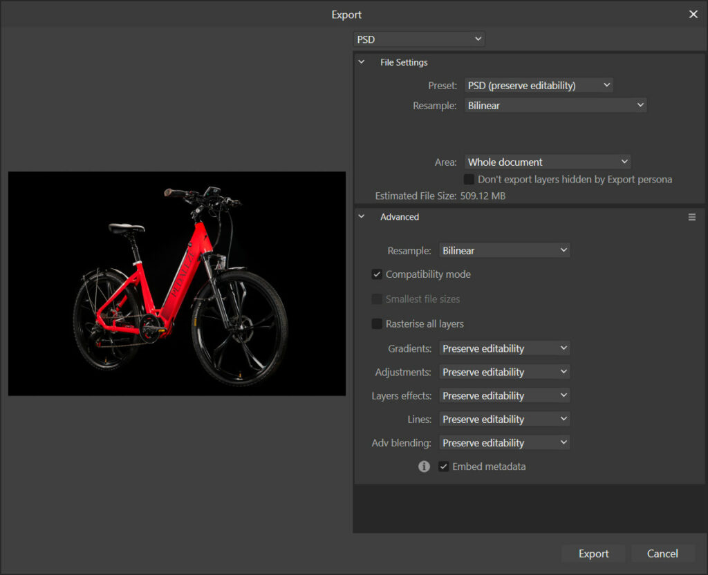 Affinity Photo 2 Export PSD Dialog Box