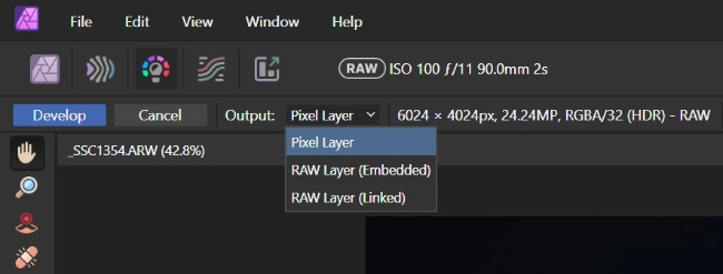 Can Affinity Photo Open RAW Files? 3 Develop Persona in Affinity Photo With Output Options drop-down opened