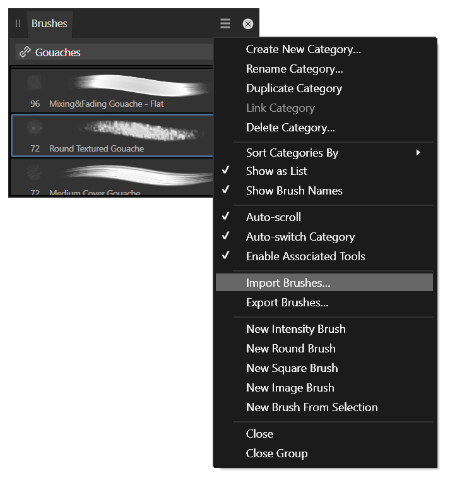 The "Brushes Panel" in Affinity Photo 2, with the hamburger menu open, and "Import Brushes..." selected