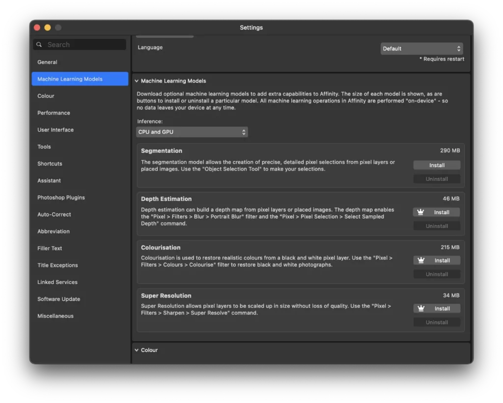 Machine Learning Models section of Affinity Studio settings. 