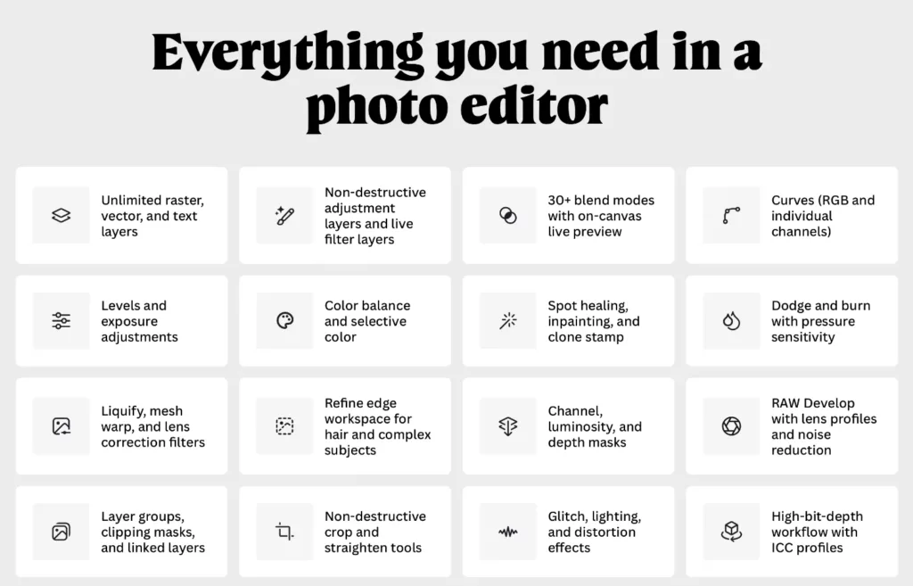 From Affinity Studi website: Everything you need in a photo editor.